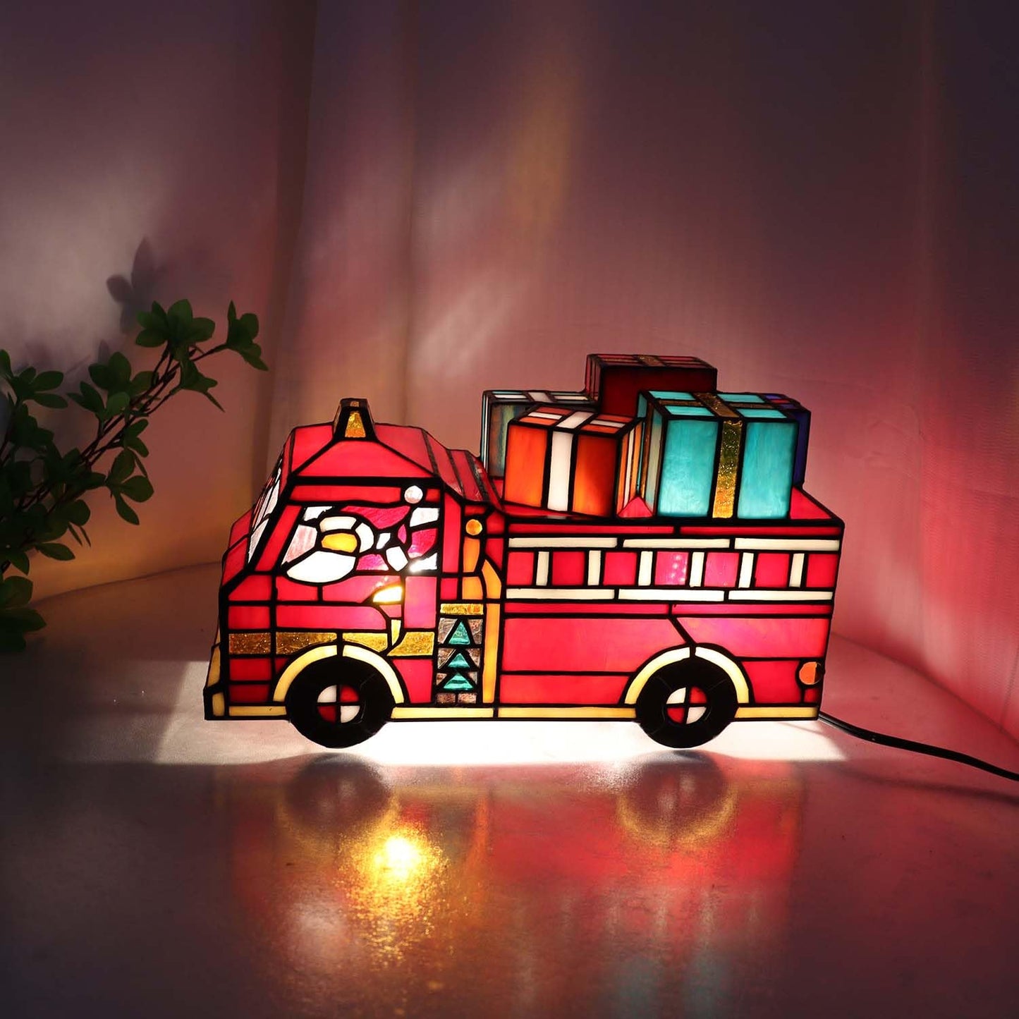 Bieye L12009 Tiffany Style Stained Glass Christmas Fire Truck Table Lamp with Santa, Reindeer, and Gifts, Handmade Holiday Decoration, 12" Wide