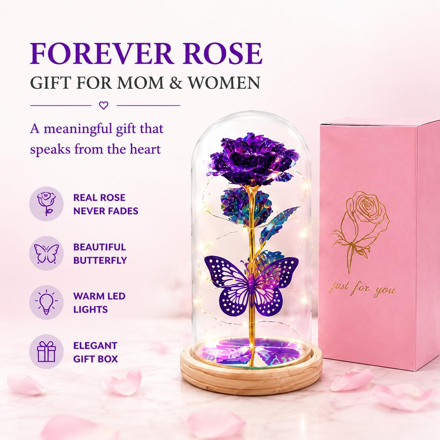 QUNPON Mothers Day Rose Gifts for Mom Flowers Rose Gifts for Women,Birthday Gifts for Women,Purple Butterfly Flowers for Mother Day Flower Gifts from Daughter Son,Gift for Mom,Sister,Her,Grandma,Wife