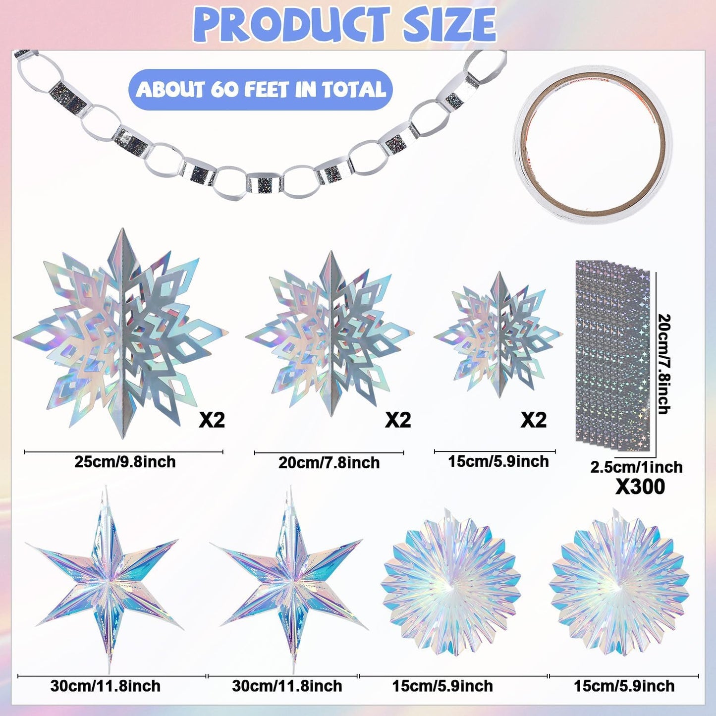 310Pcs Christmas Party Decorations Set Including 3D Iridescent Snowflakes Garland, Paper Chain Strips Craft, Hanging Paper Fans and Hexagonal Star Ornaments for Winter Wonderland Xmas Holiday Decor