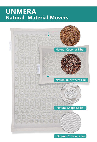 UNMERA Acupressure Mat and Pillow Set,Natural Eco Linen & Coconut Fiber Filling,FSA/HSA Eligible,for Back/Neck Pain Relief, Sciatic, Headache and Muscle Relaxation, Comes with Carrying Bag