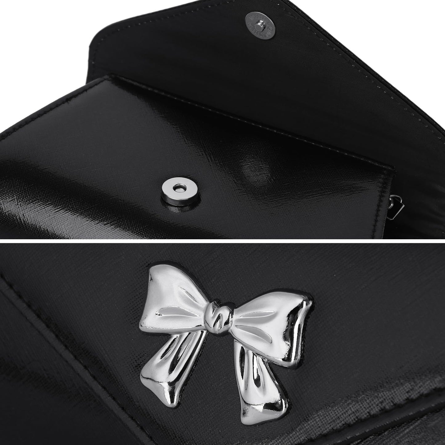 Gurina Evening Clutch Purse for Women with Bow Detail, Elegant PU Leather Shiny Party Bag with Detachable Chain Wedding Prom Handbag (Black L70)