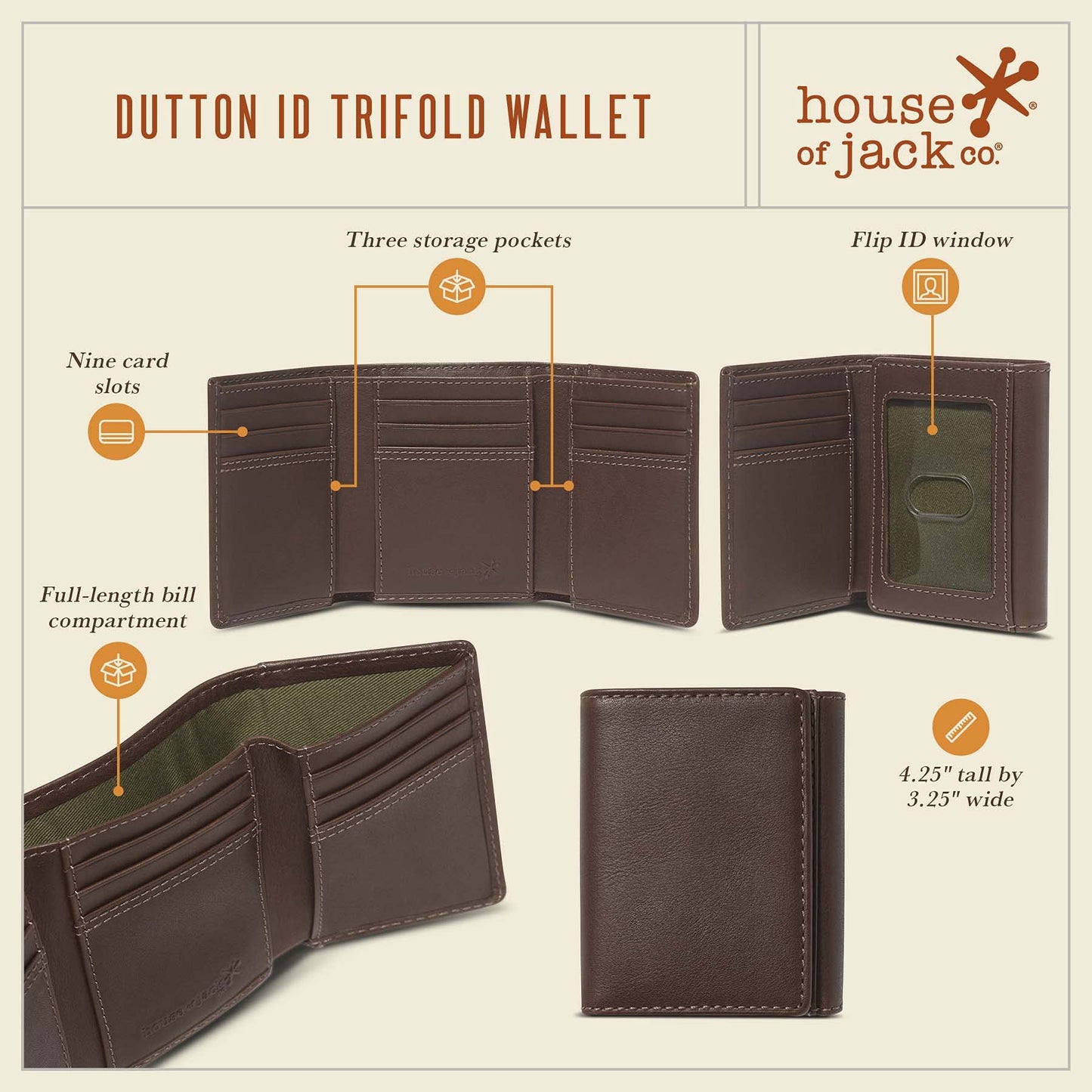 House of Jack Co. Dutton Men’s Leather Trifold Wallet, RFID Blocking Wallet with Flip-Out ID Window, Full Grain Cowhide Wallet, Extra Card Storage, Brown