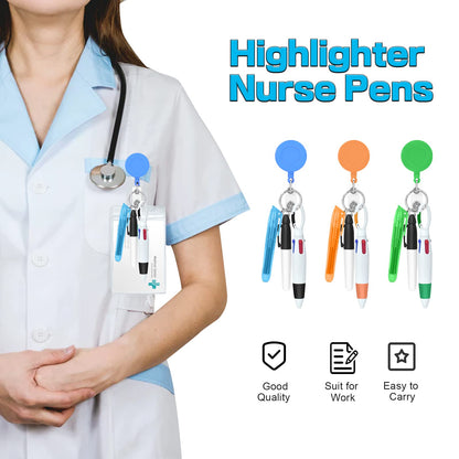 DLUGOPIS Nurse Pen Set - 6 Pieces Including Highlighter, Permanent Marker and Retractable Ball Pen, 24 Reels and 6 Badge Clips