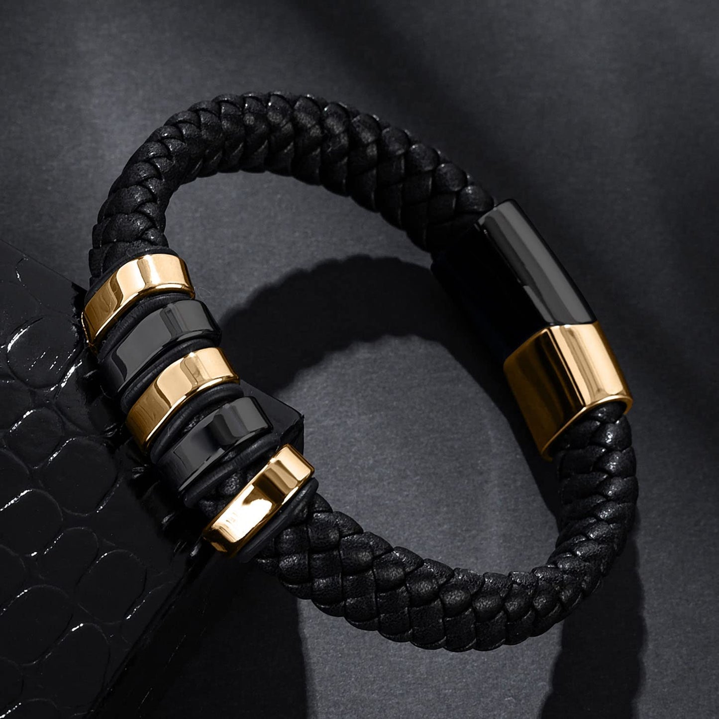 LJWVX Mens Black Leather Bracelets,Braided Leather Wristband Cuff Bracelet,Stainless Steel Clasp,Gifts for Men