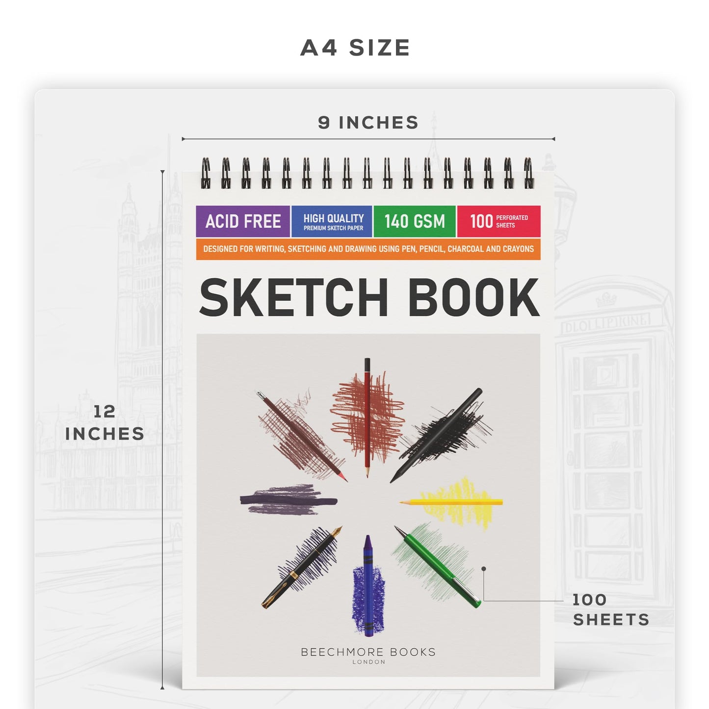 BEECHMORE BOOKS 9"x12" Spiral Bound Sketchbook - 100 Perforated Sheets 140 GSM (95lb) Acid-Free White Paper, Premium Professional Artist Sketch Pad, Art Supplies for Adults Students Drawing Notebook