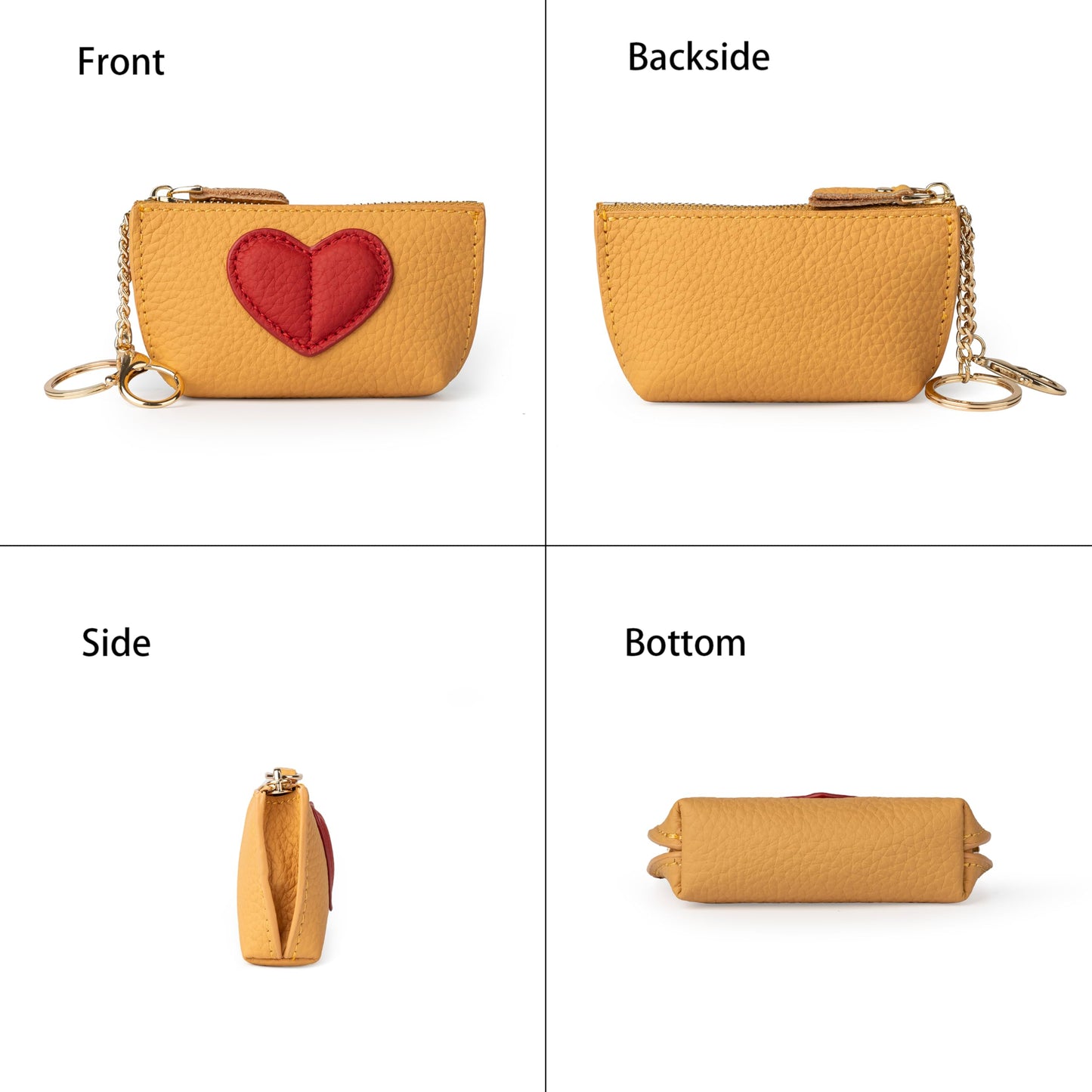 Doris&Jacky Cowhide Leather Coin Purse, Mini Zipper Card Holder With Cute Red Heart Design and Key Chain (Yellow)