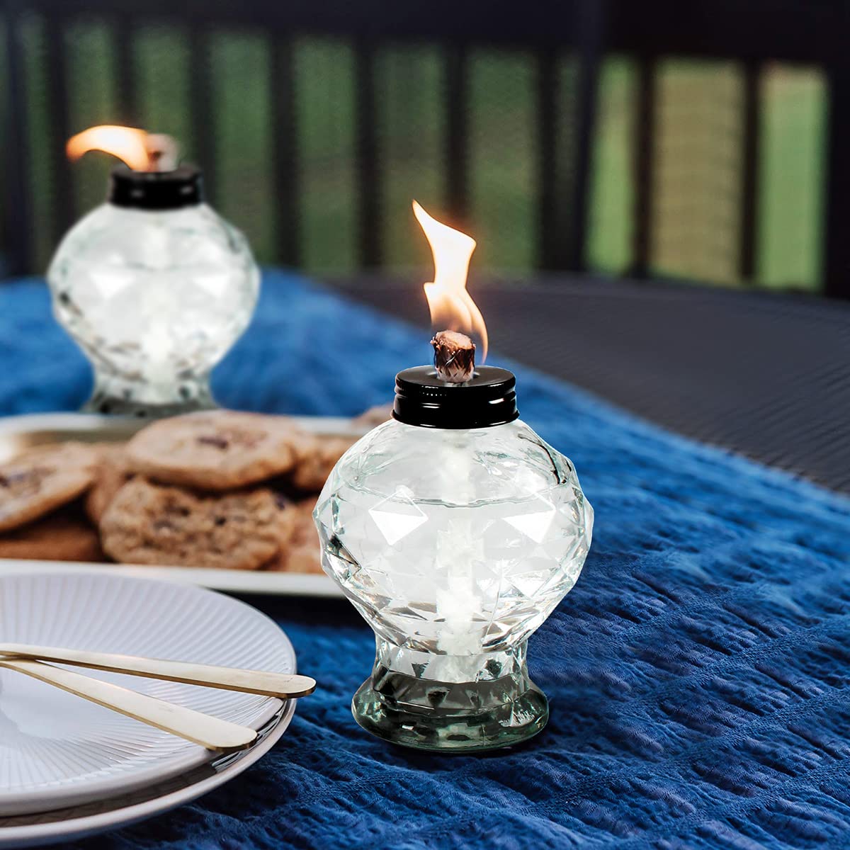 DIKAIDA 4 Pack Glass Table Torches, Citronella Table Top Torches with Wick and Cap for Outdoor, Refillable Landscape Lanterns for Yard, Patio, Christmas, Garden, Party Decor