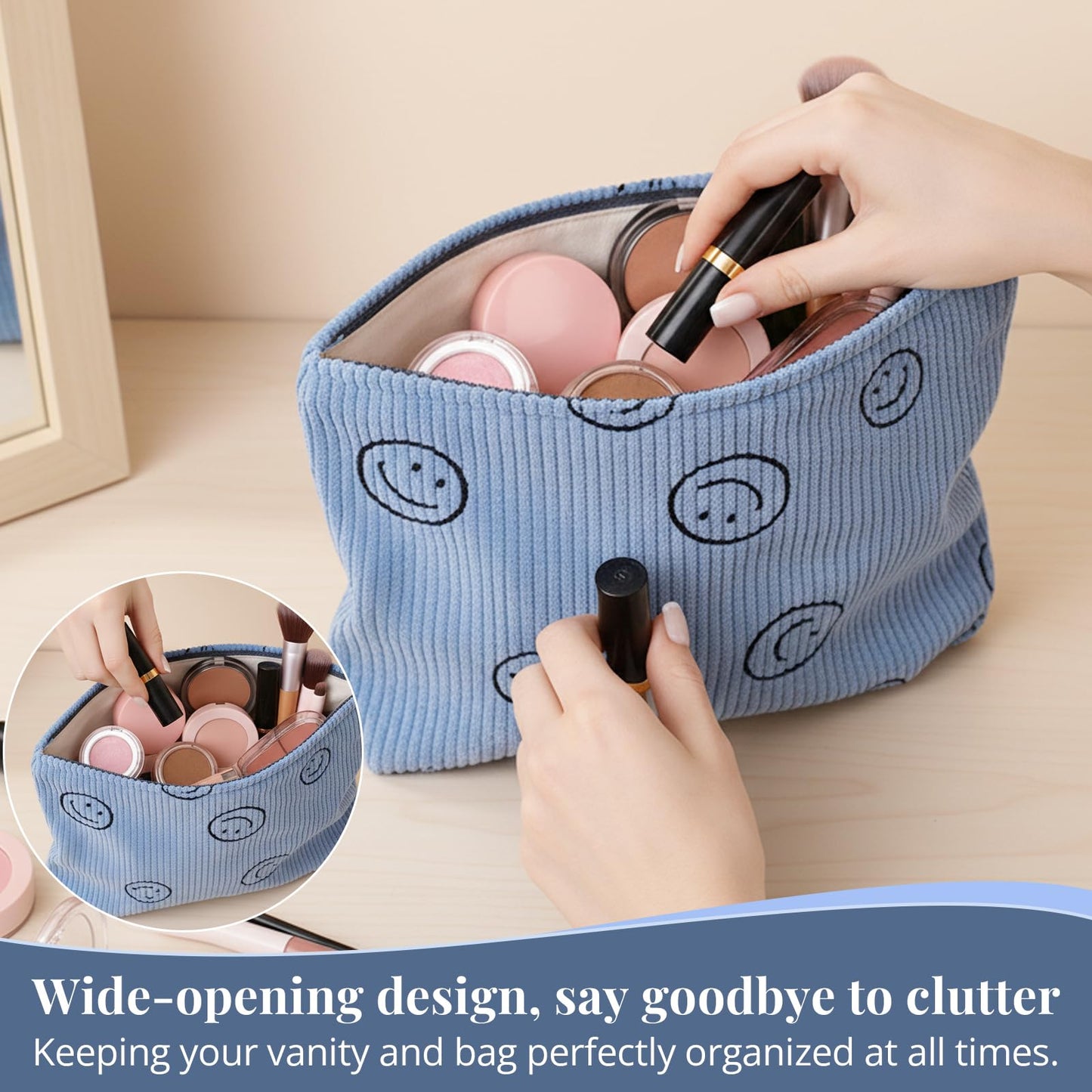 HFZRZFH Smiley Face Makeup Bag - Cute Blue Corduroy Small Toiletry Bags for Women, Soft Mini Skincare Organizer, Small Zipper Pouch For Travel Use