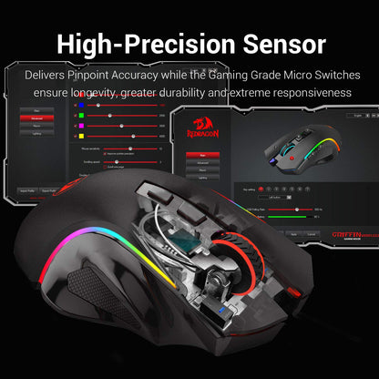 Redragon M602 Griffin RGB Gaming Mouse, RGB Spectrum Backlit Ergonomic Mouse with 7 Programmable Backlight Modes up to 8000 DPI for Windows PC Gamers (Black, Wireless)