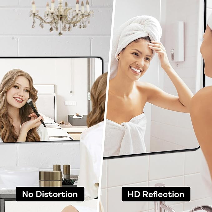 Wall Mount Mirror for Bathroom, Brushed Black Metal Framed Large Rounded Corner Rectangular Vanity Mirror, Tempered Glass, Anti-Rust, Hangs Horizontally or Vertically (30" x 40", Black)