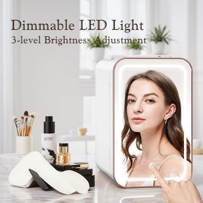 YLFU Skincare Fridge, 6L/10 Can Mini Fridge for Bedroom with Dimmable LED Mirror, Portable Cooler & Warmer Small Compact Refrigerator for Skincare, Cosmetics, Bedroom and Office, White