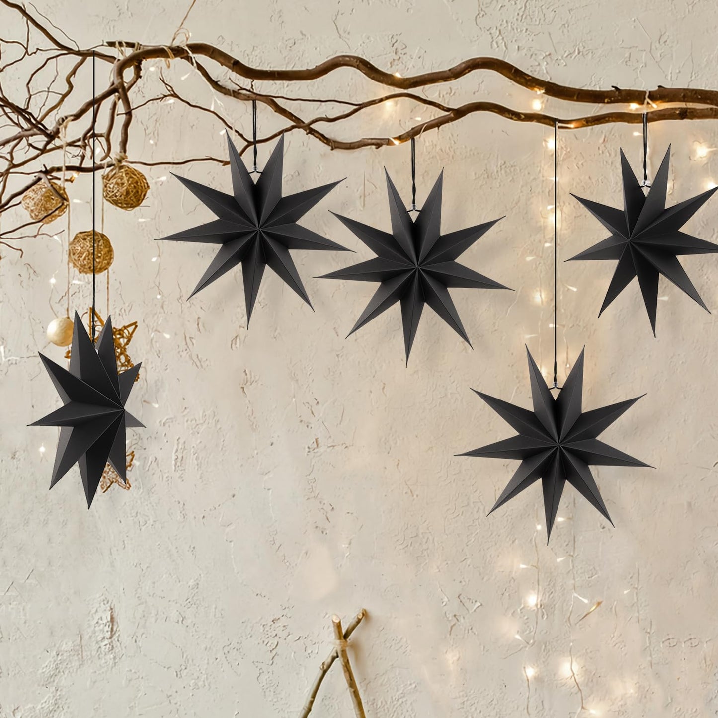 SUNBEAUTY 5 Pcs 9-Pointed Black Paper Star Lanterns 12 Inch Hanging Lamp Black Paper Funeral Decorations Christmas Birthday Home Holiday Party Decorations