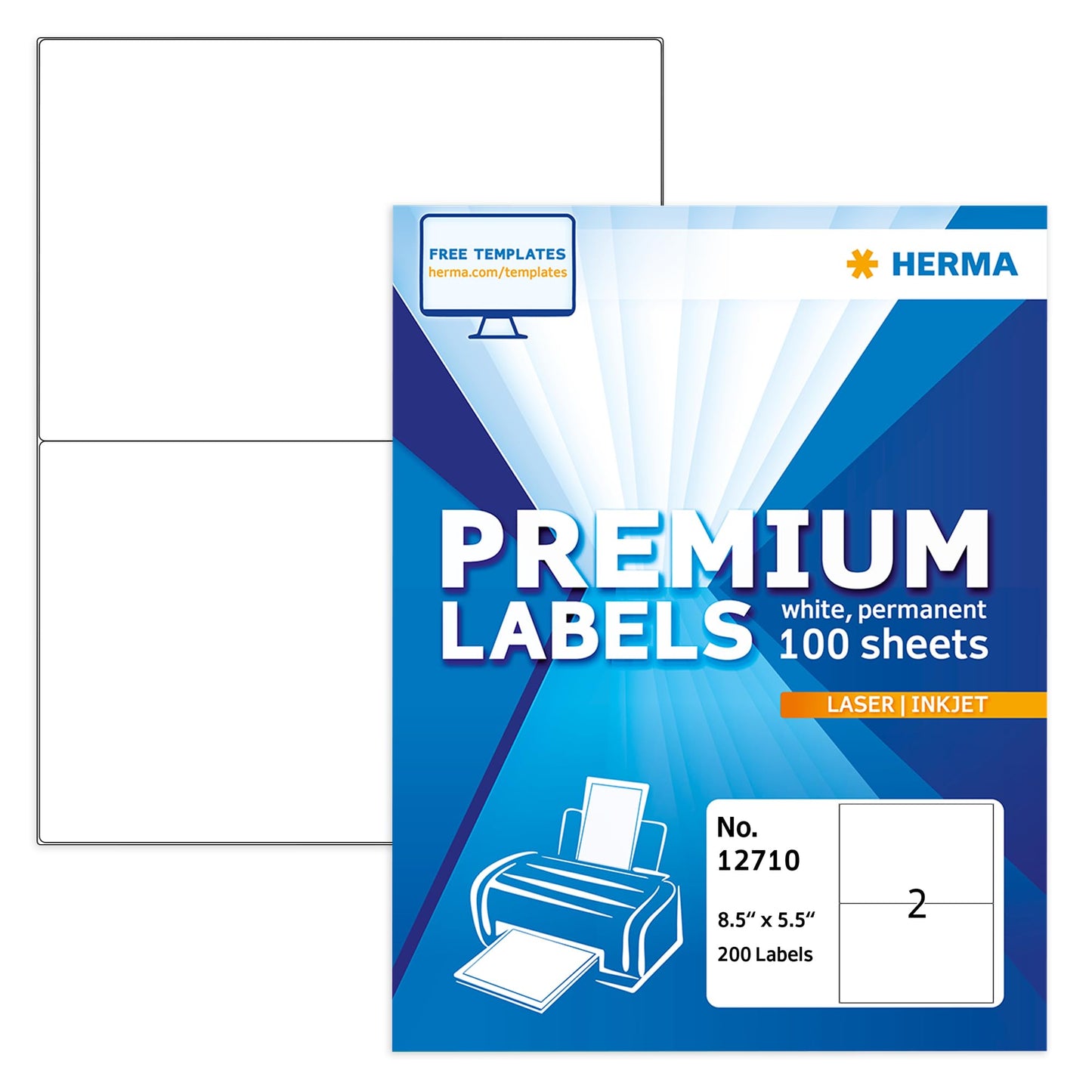 HERMA Easy Peel Printable Half Sheet Shipping Labels 5.5" x 8.5", 200 Labels, Customizable White Sticker Paper for Laser & Inkjet Printer, Address Label for Mailing, Storage & Organization