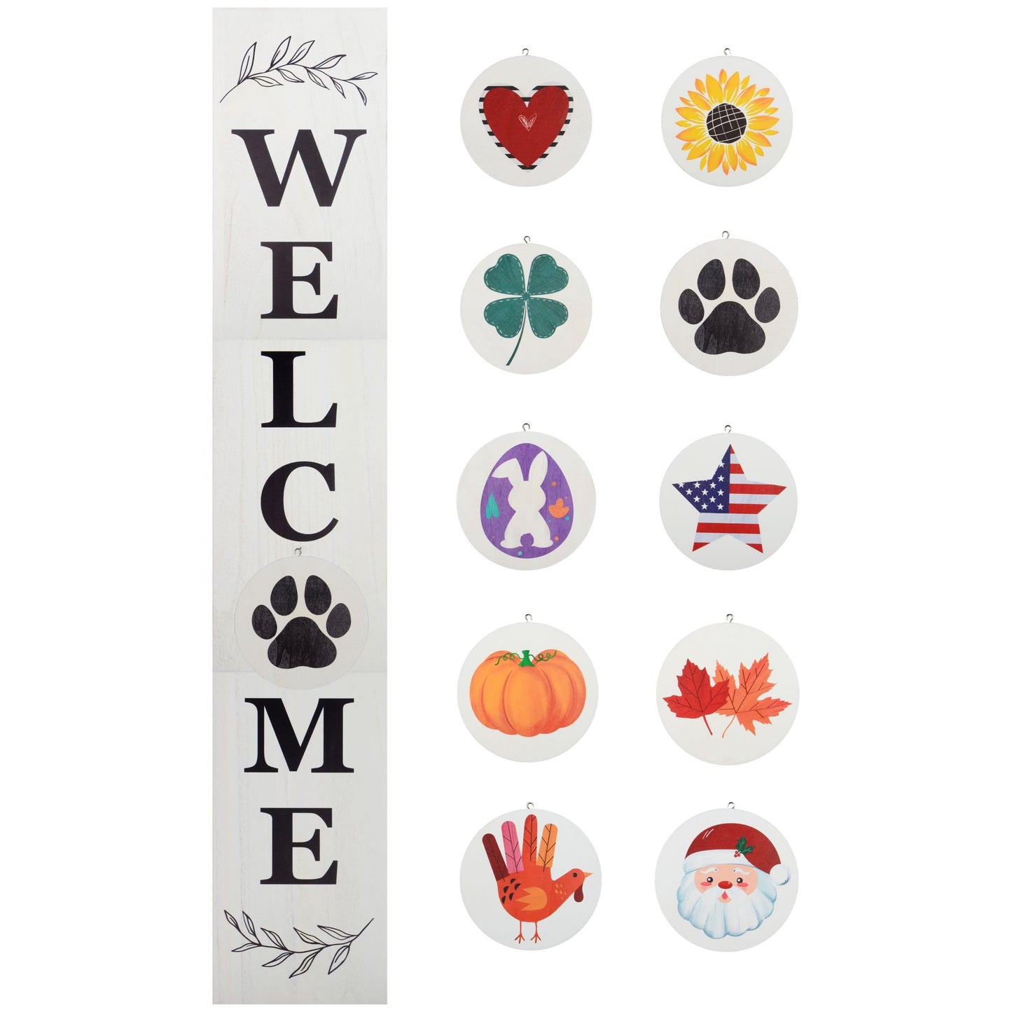 Perfnique Interchangeable Welcome sign for front porch standing, 47 x 7.9 Inch Black Wooden Leaner Sign with 10 Interchangeable Designed Icons, Modern Farmhouse Rustic Seasonal Decor for Spring Easter Fall Christmas (White)