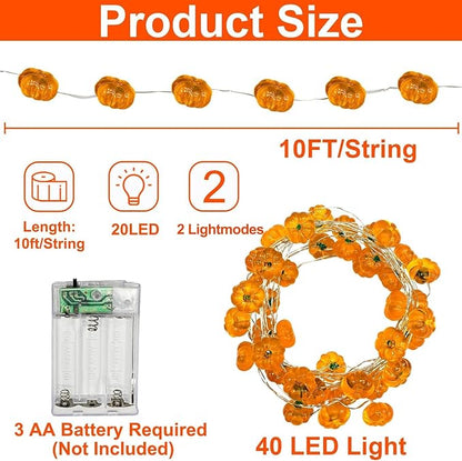 TURNMEON 2 Pack 3D Thanksgiving Pumpkin Lights Thanksgiving Decorations, Total 20Ft 40LED Warm White Pumpkin String Lights Battery Operated Thanksgiving Light Thanksgiving Decor Fall Home Indoor Decor