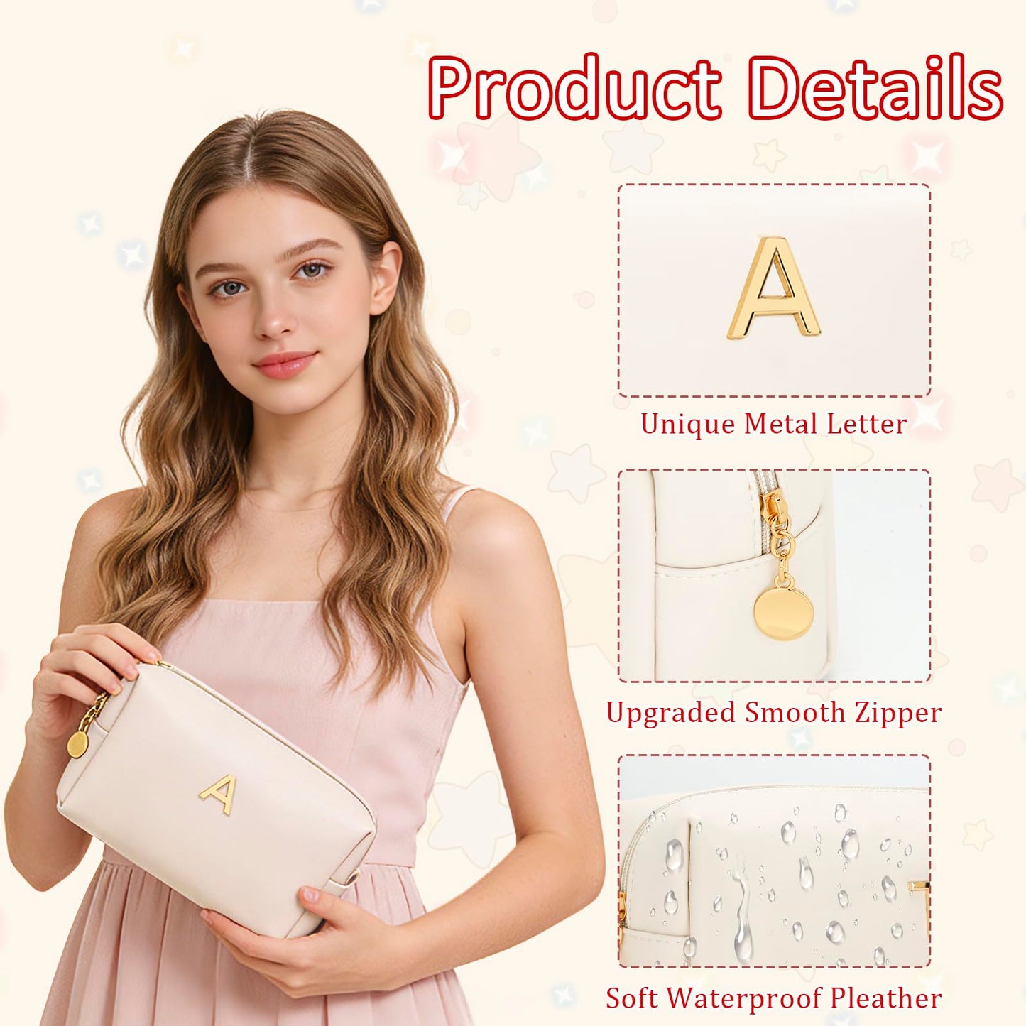 KKXIU Initial Makeup Bag for Women - Personalized Birthday Gifts Cosmetic Travel Toiletry Bag with Waterproof Soft PU Leather Customized Gifts for Friend Teacher Bridemaid (A, Beige)
