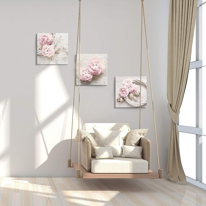 Floral Picture Canvas Wall Art: Pink Peony Flower Wreath Photographic Prints for Decor (12”x12”x3pcs)