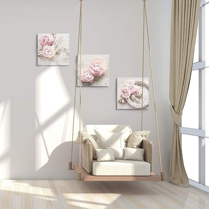 Floral Picture Canvas Wall Art: Pink Peony Flower Wreath Photographic Prints for Decor (12”x12”x3pcs)