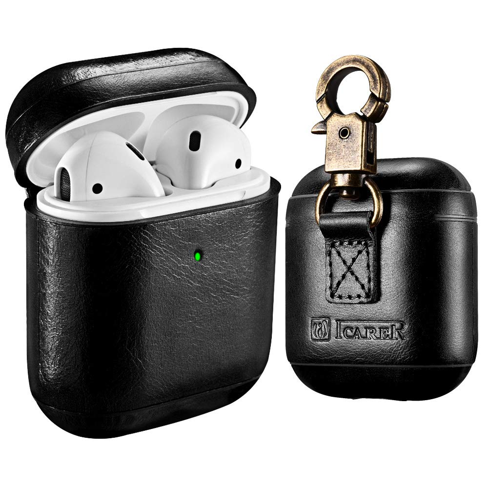 AirPods Leather Case, ICARER Genuine Leather AirPod case with Keychain and Led Light for Apple AirPods 2 Case & Airpods 1, Support Wireless Charging (Black)