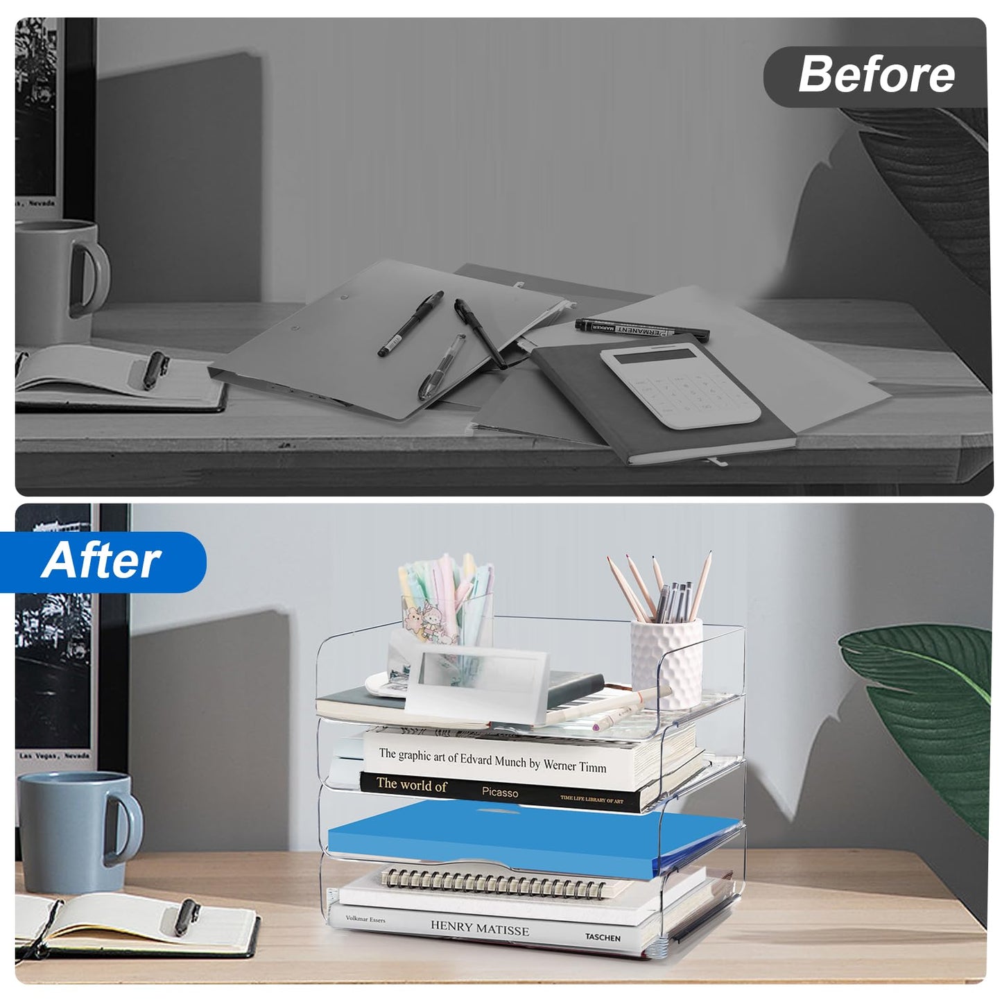 Desk Organizer and Storage,4-Tier Paper Letter Tray Organizers,Stackable Clear Desktop Organizer for Documents,Book Magazine Storage,Office Supplies, (Clear,4 Pack)