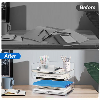 Desk Organizer and Storage,4-Tier Paper Letter Tray Organizers,Stackable Clear Desktop Organizer for Documents,Book Magazine Storage,Office Supplies, (Clear,4 Pack)