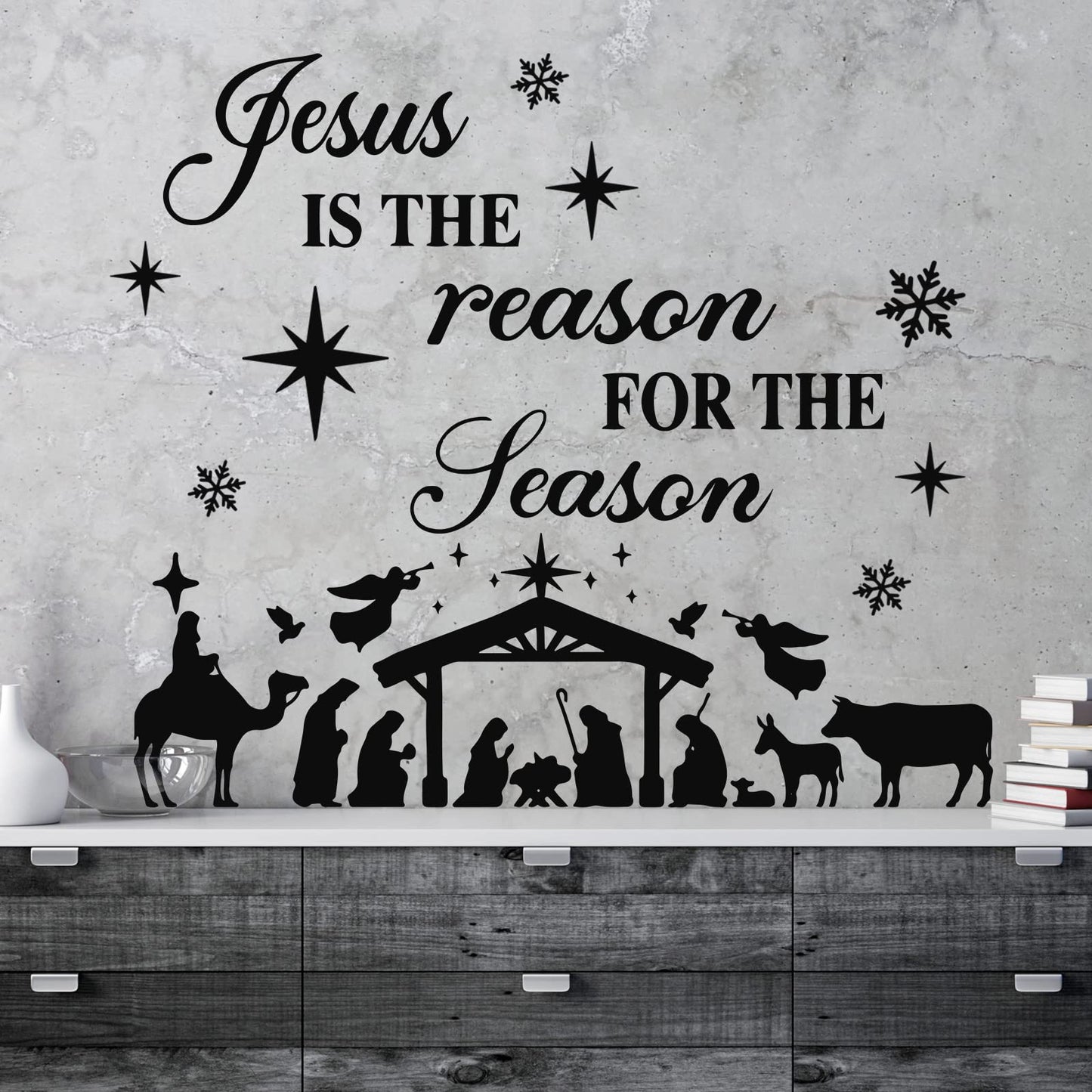 3 Pcs Nativity Scene Decor Stickers Christmas Bible Quotes Christian Vinyl Wall Decal Set Jesus is The Reason for The Season Bible Verse Wall Decals Joy to The World Stickers for Home