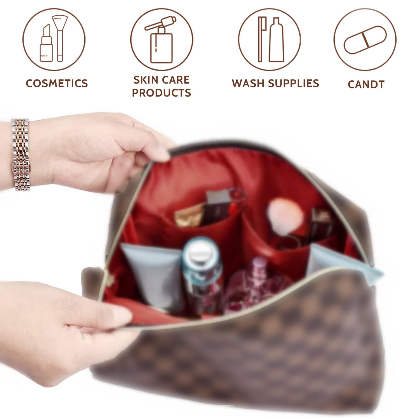BAGMIND Checkered Makeup Bag Set for Women, 2PCS PU Leather Cosmetic Bag, Large Travel Toiletry Organizer with Small Zipper Pouch, Water-Resistant Makeup Bag for Travel