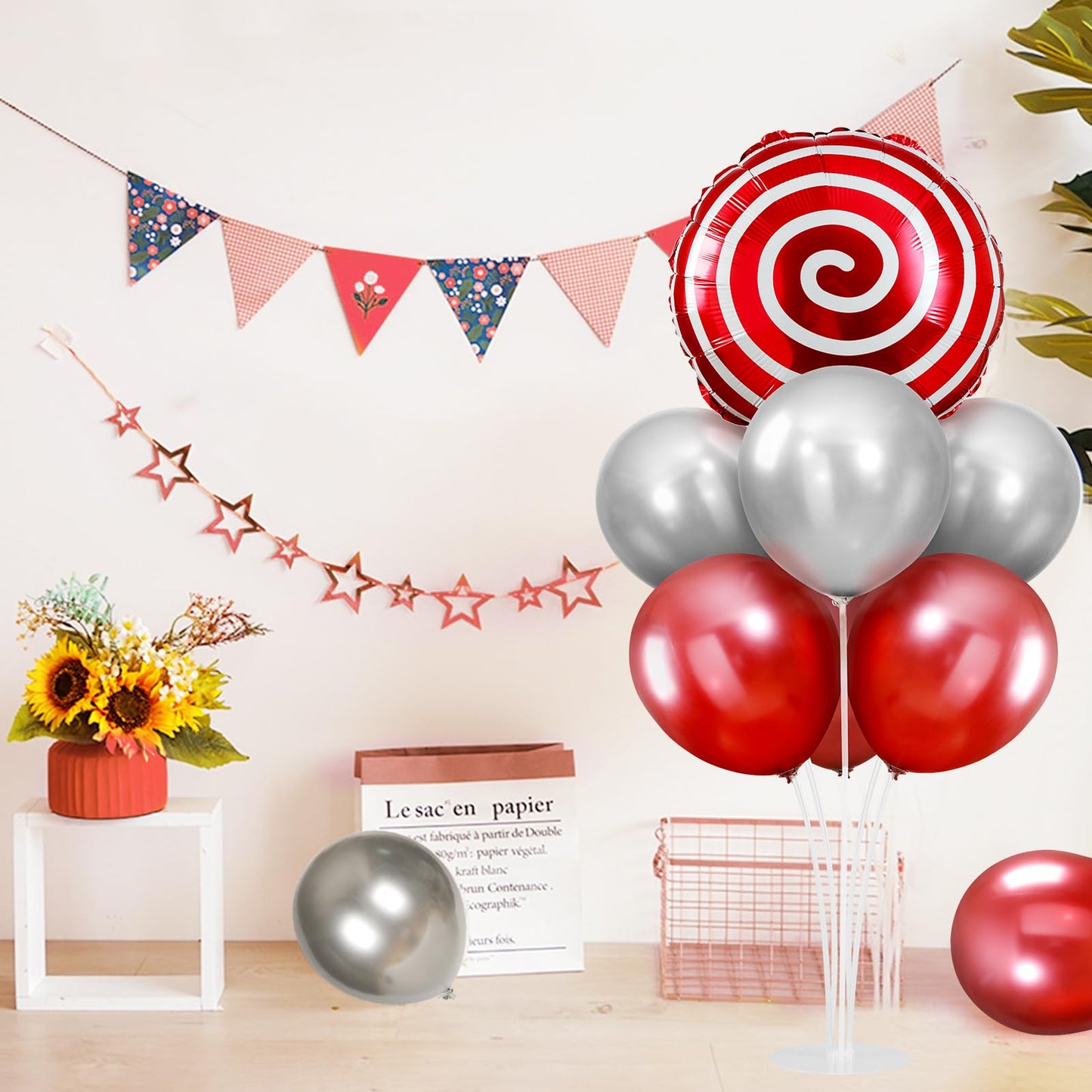 2 Sets Red White Lollipop Balloon Stand Kit, 18 Inch Swirl Foil Balloons Table Centerpieces for Candyland Birthday Party Decorations, Baby Shower, Sweet Candy Themed Party Supplies-Red