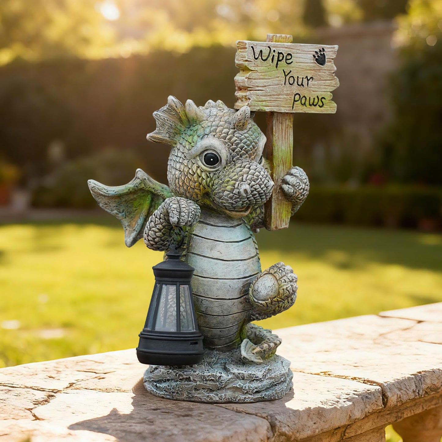 Joint Honglin Solar Dragon Garden Statue with Hanging Lantern - Cute Welcome Sign, Waterproof Resin Dinosaur Figurine, Outdoor Yard Decor for Front Door, Porch, Patio, Dog Pet Lover Gift