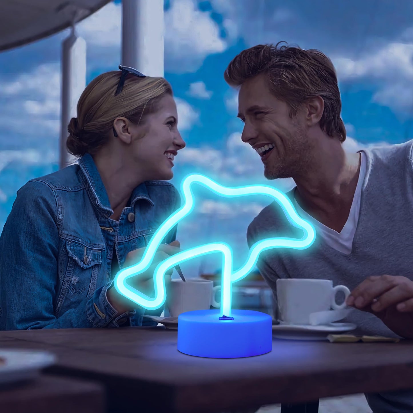 ENUOLI Dolphin Gifts Decor Dolphin Light Night Sign LED Lamp Neon Marquee Battery USB Operated Table LED Lights Table Decoration Girls Bedroom Living Room Christmas Party as Kids Gift(Blue Dolphin)