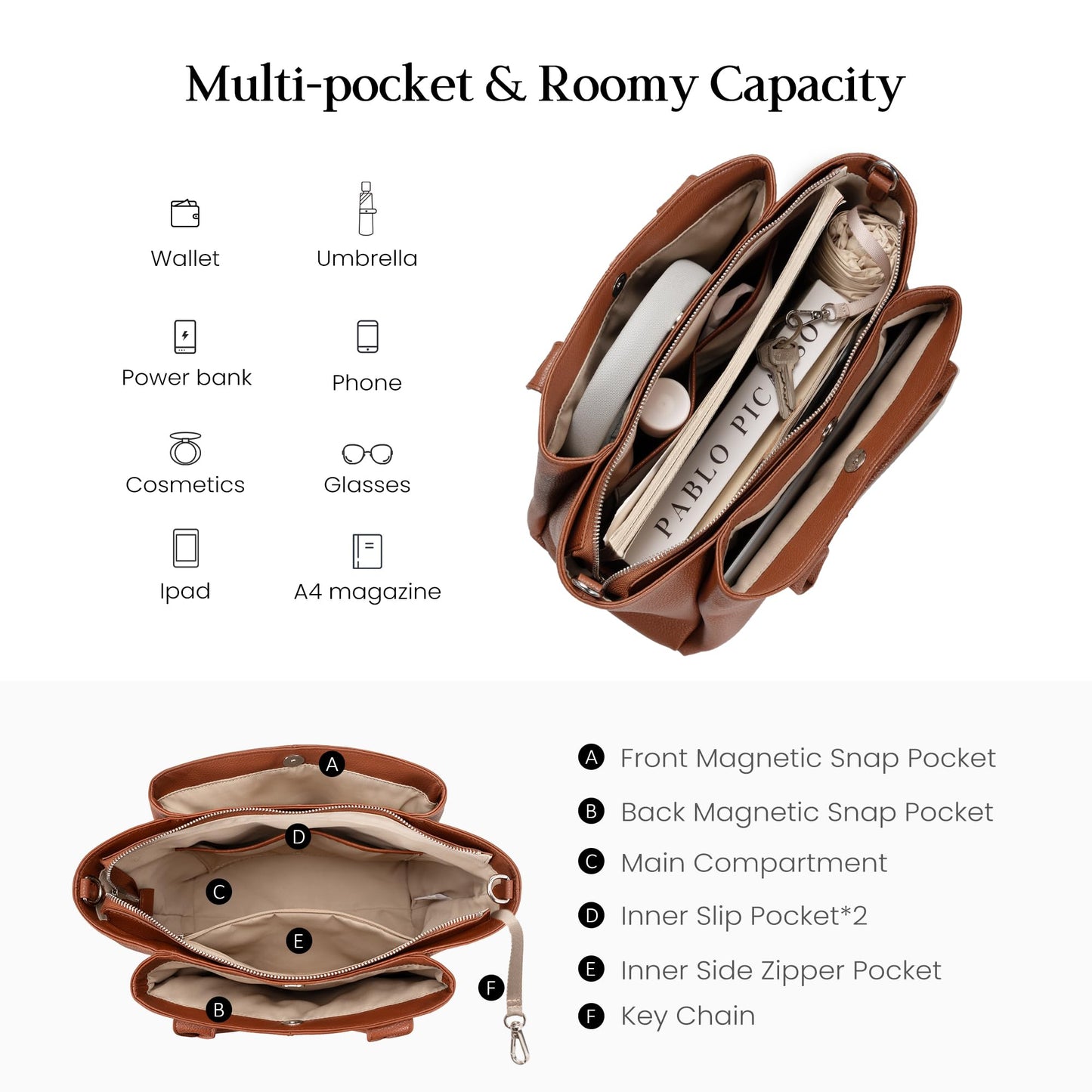 befen Genuine Leather Satchel Purse for Women, Ladies Crossbody Shoulder Bags Top Handle Tote Bag for Travel, Work, Office - Brown