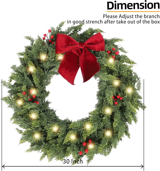30 Inch Christmas Wreaths for Front Door with Lights,Lighted Cedar Door Wreath,Prelit Real Touch Artificial Green Winter Wreath with Large Burgundy Velvet Bow for Indoor Outdoor Decor