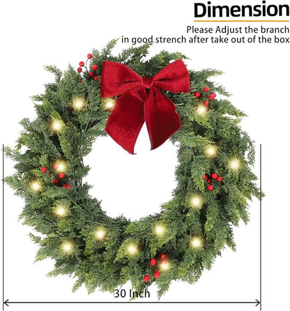 30 Inch Christmas Wreaths for Front Door with Lights,Lighted Cedar Door Wreath,Prelit Real Touch Artificial Green Winter Wreath with Large Burgundy Velvet Bow for Indoor Outdoor Decor
