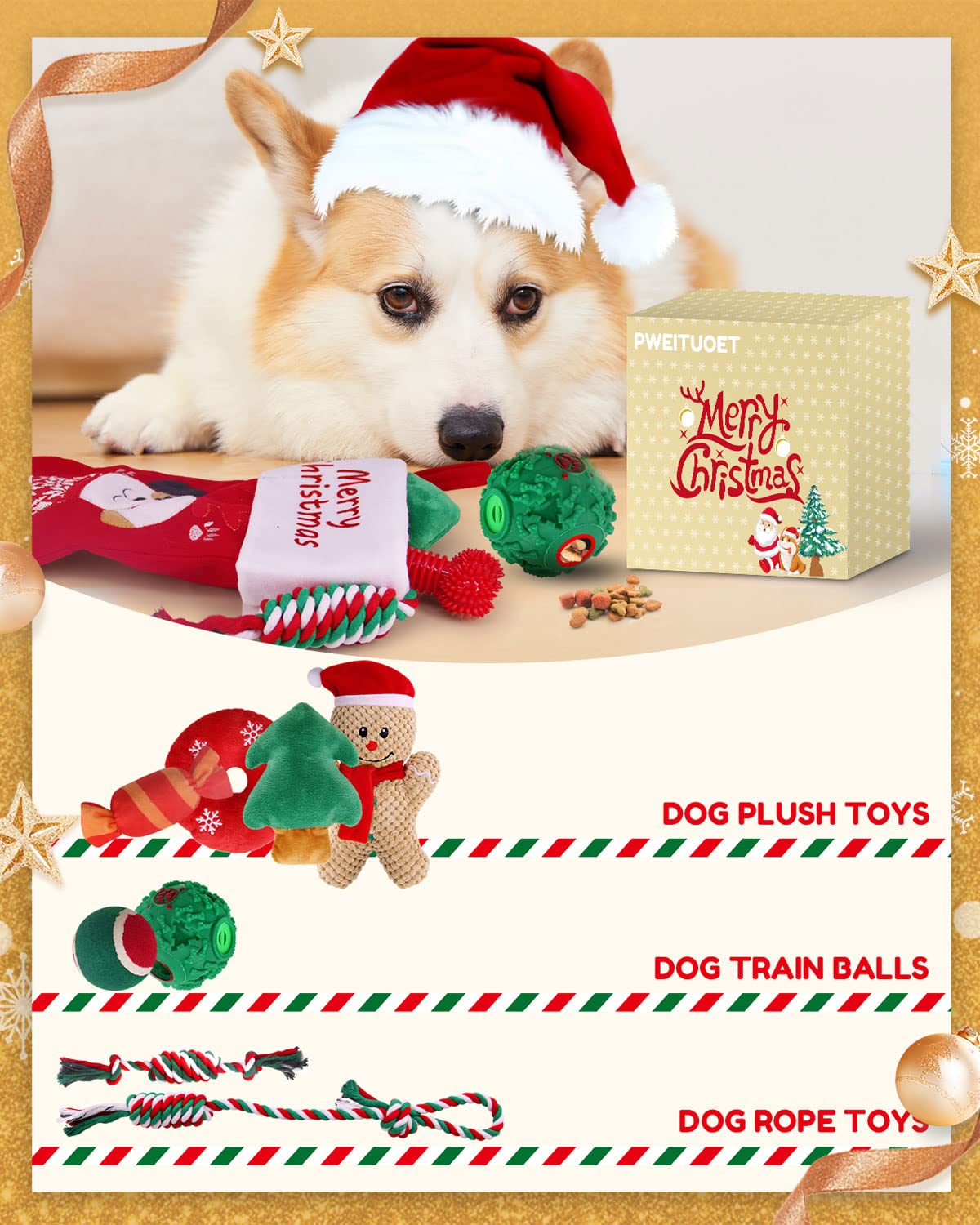 Pweituoet Christmas Dog Toys with Dog Christmas Stocking, Adorable Gifts for Puppy Small Medium Large Dog