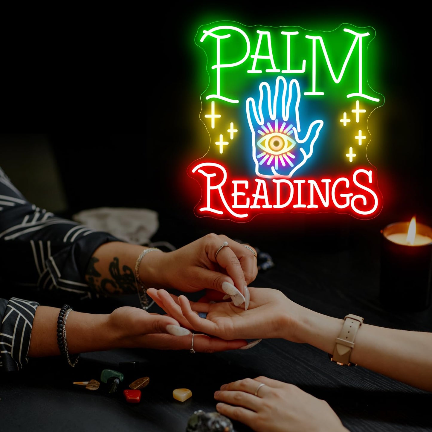 Palm Readings Neon Sign, Fortune Teller LED Neon Sign Wall Decor, Psychic Tarot Reading Neon Signs for Wall Decor, Mystical Neon Sign for Bedroom Studio Lounge 18.9”×18.5”