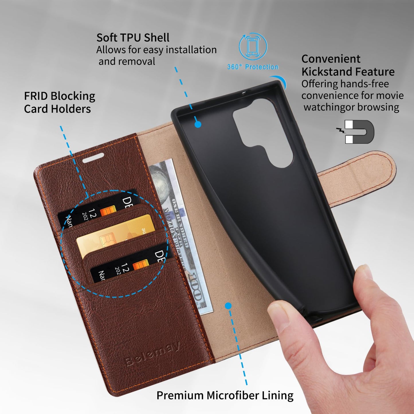 Belemay Wallet Case for Samsung Galaxy S25 Ultra, Two-Tone Genuine Leather [Durable & Protective] RFID Blocking Card Holders, Shockproof TPU Shell, Kickstand, Drop Protection Flip Cover 6.8", Brown