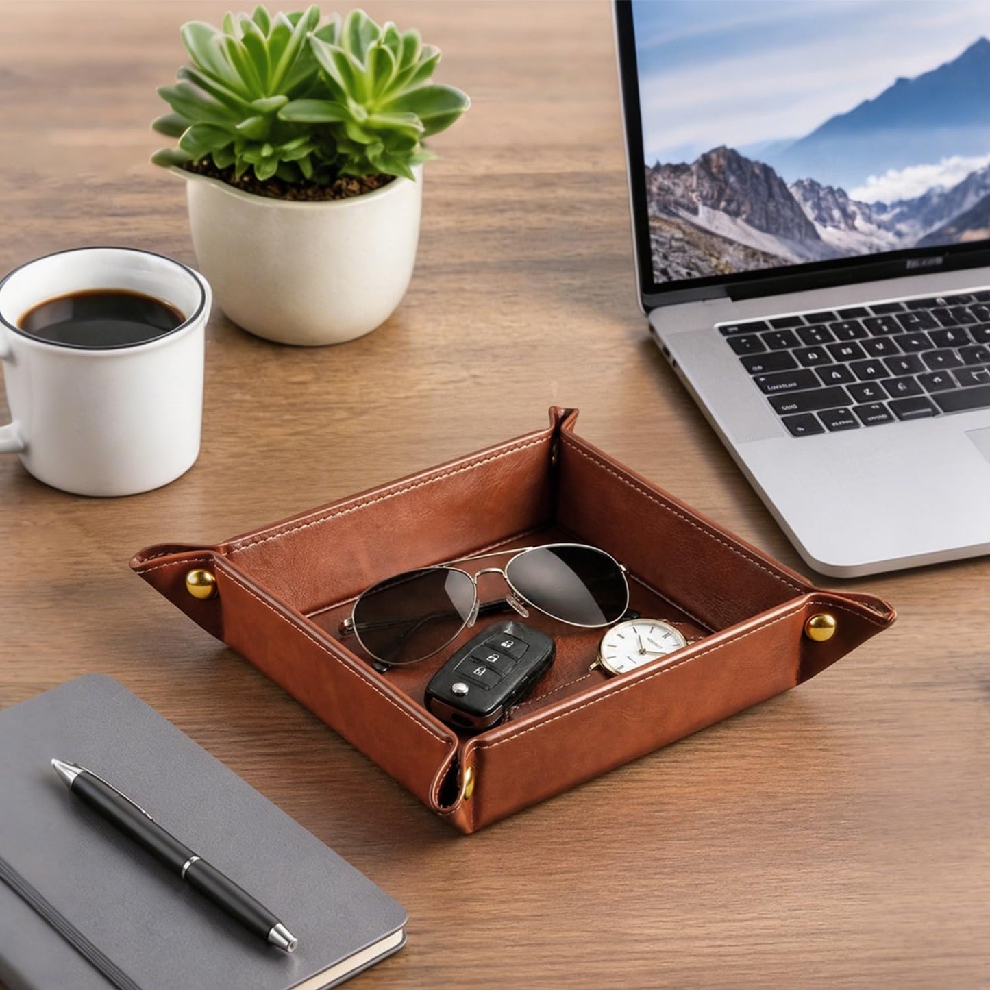 YAPISHI Light Luxury Valet Tray for Men, PU Leather Vanity Jewelry Tray & Decorative Perfume Catchall, Folding Travel EDC Dump Tray, Nightstand Organizer Caddy for Keys, Watches, Coin Bowl Dish