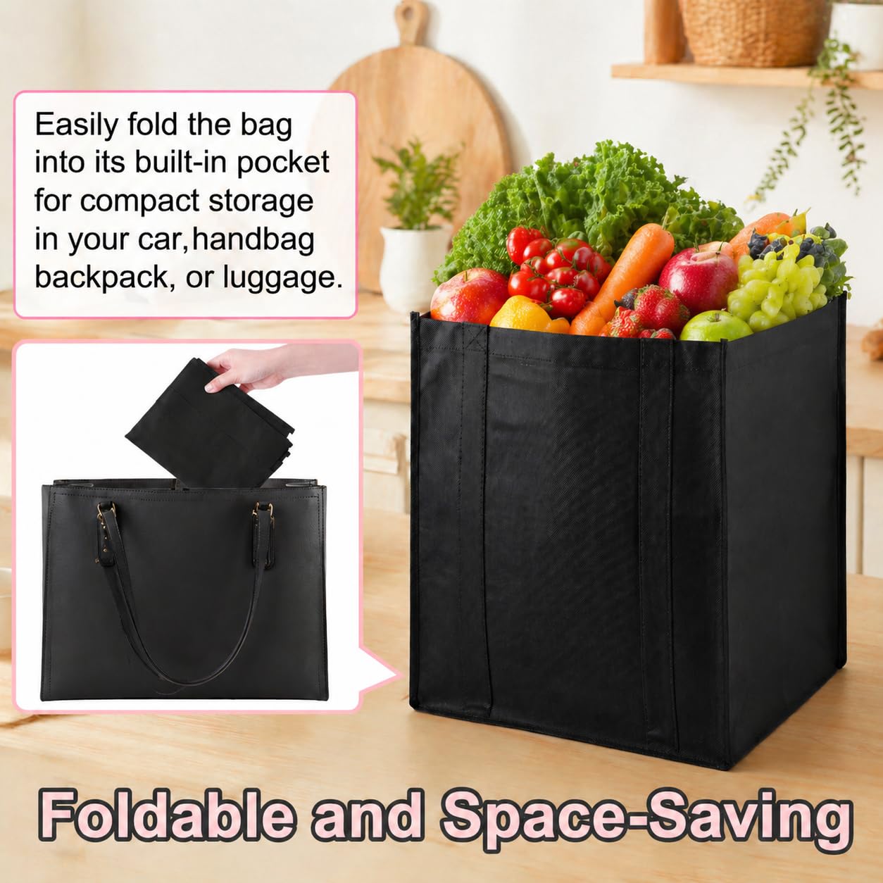Enjamyo 10 Pcs Reusable Grocery Bags, Large Shopping Bag with Reinforced Handles, Heavy Duty Washable Foldable Bag, Grocery Bags(Black)