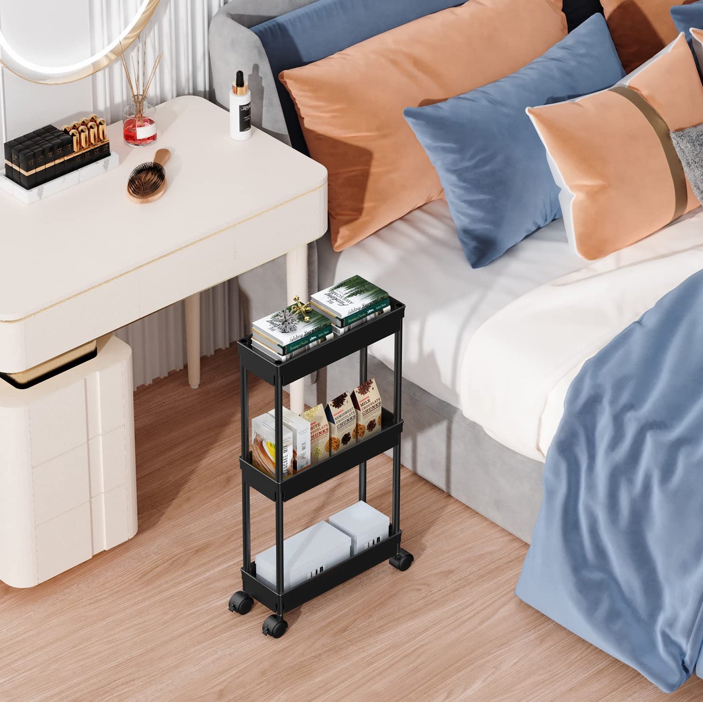 Sooyee 3-Tier Rolling Cart with Wheels, Slim Narrow Storage Cabinet, Under Desk Storage Organizer for Office, Bathroom, Kitchen, Laundry Room, Narrow Places, Black