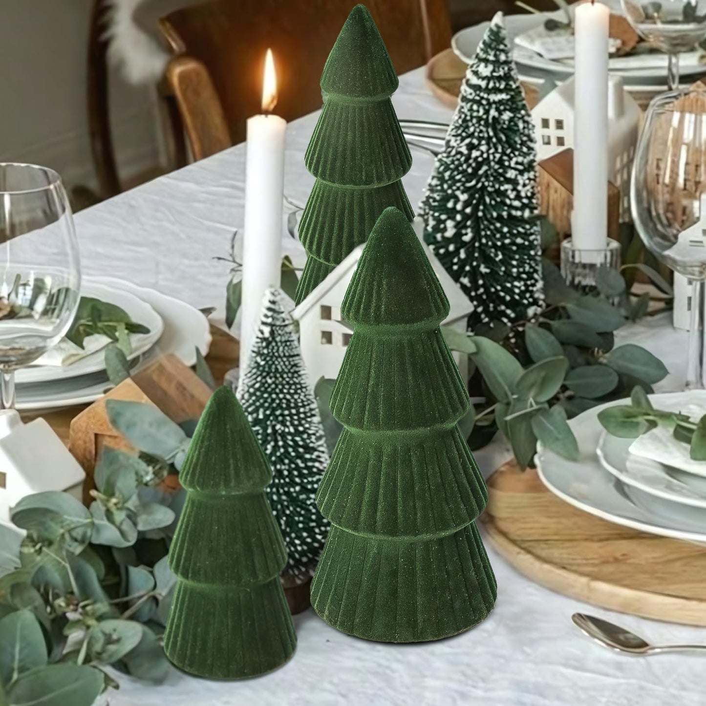 Christmas Decorations - Set of 3 Velvet Ceramic Christmas Trees - Modern Cone Indoor Christmas Decoration Centerpieces for Table Mantel and Living Room Home Decor (Green)