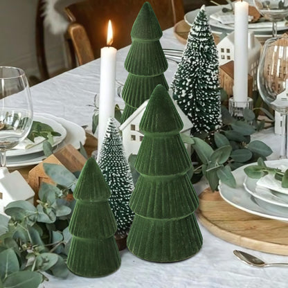 Christmas Decorations - Set of 3 Velvet Ceramic Christmas Trees - Modern Cone Indoor Christmas Decoration Centerpieces for Table Mantel and Living Room Home Decor (Green)