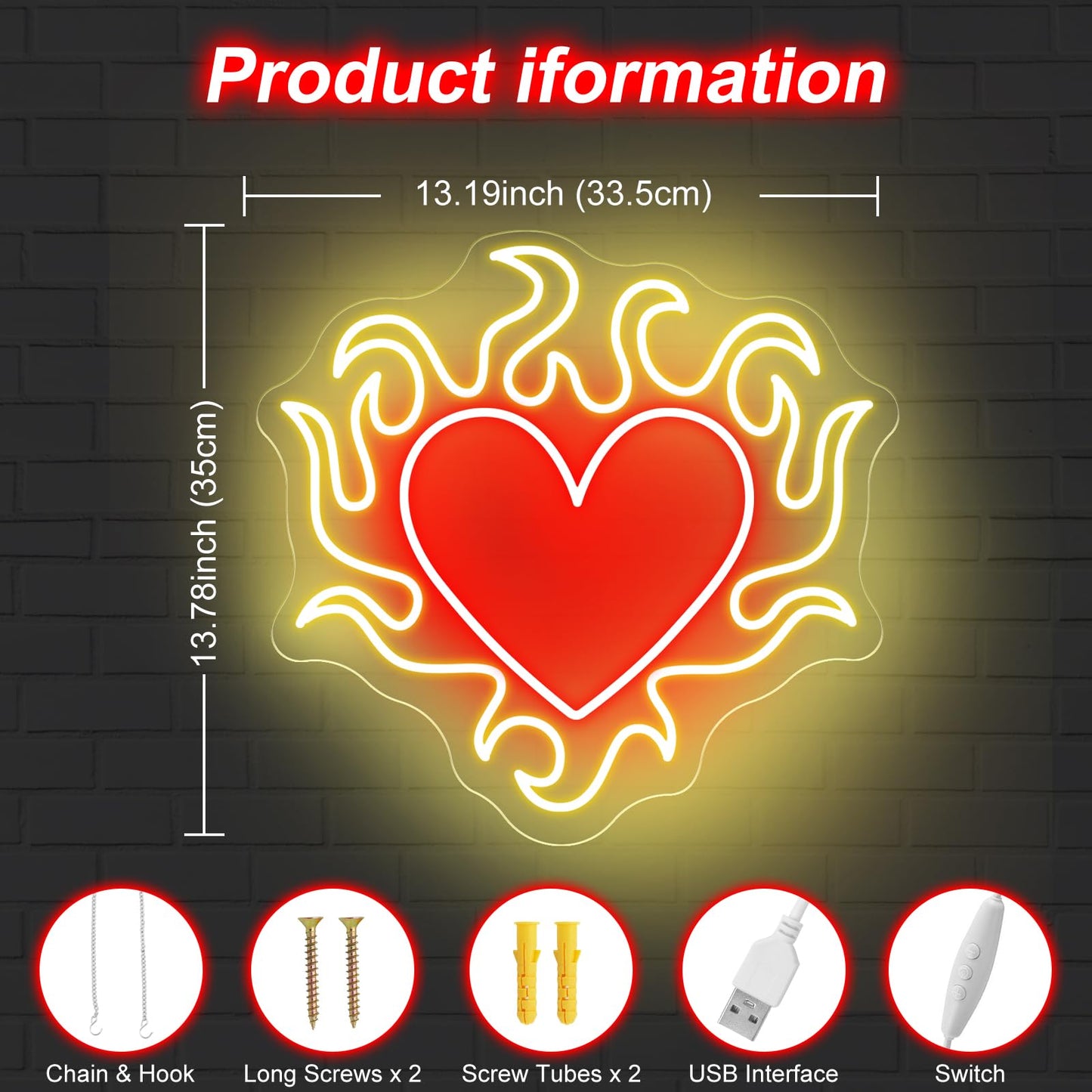 Flaming Heart Neon Sign Cool Wedding Neon Led Light Personalized Gift Idea for Her on Valentines Day, Aesthetic Heart Flame Wall Art Decor, Dark Gothic Wall Art, Birthday Gift, Witch Decor-13.8"
