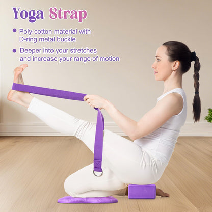 RoundFunny 5 Pcs Yoga Blocks Knee Pads Yoga Strap Set Soft Premium Foam Blocks Accessories for Pilates Meditation General Fitness Stability, Kneeling, Balance, Deepen Stretches and Toning(Purple)