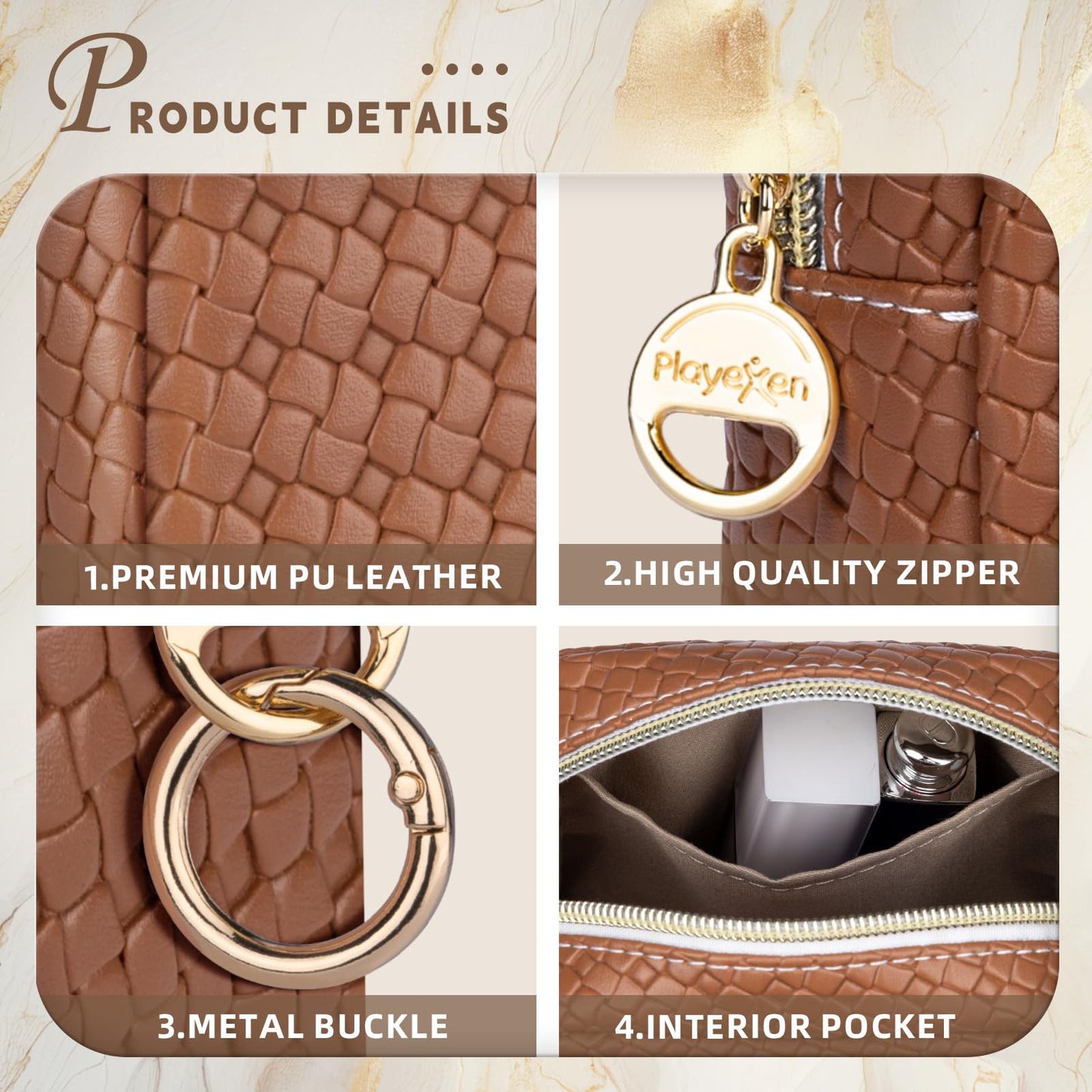 Playexen 5.5" Small Makeup Bag for Purse, PU Leather Mini Cosmetics Bag with Ring Buckle, Portable Small Travel Makeup Pouch for Women, Birthday/Wedding/Christmas Gifts (Brown)