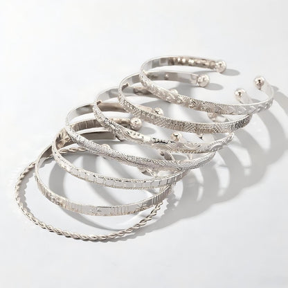 Bangle Bracelet for Women, 7 Pcs Silvery Plated Dainty Layered Chain, 14K Layer Stackable Cuff Bracelet Set (Silvery)