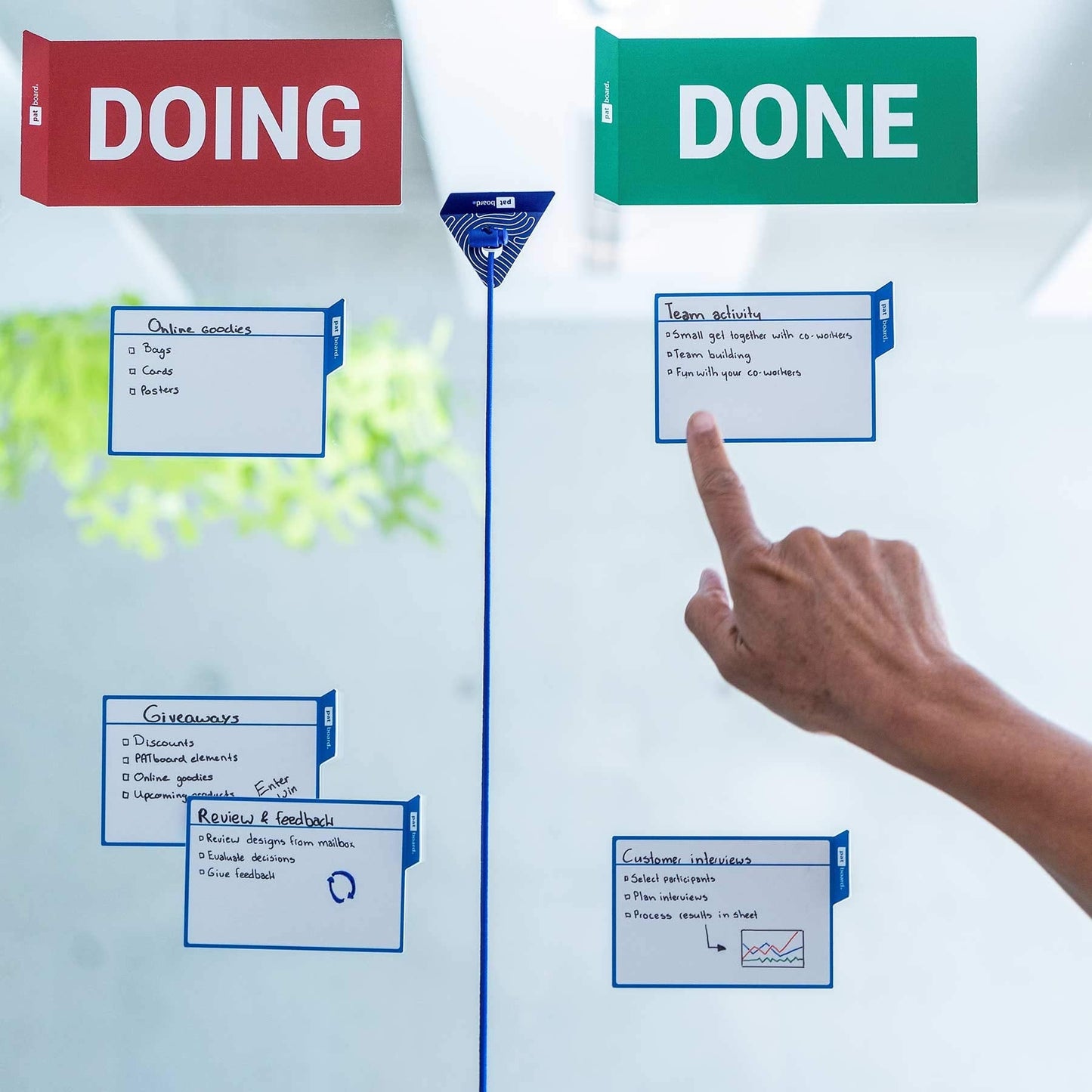 PATboard Scrum Board and Kanban Board - 16 Task Cards Medium - with nanocups® for Glass - Blue