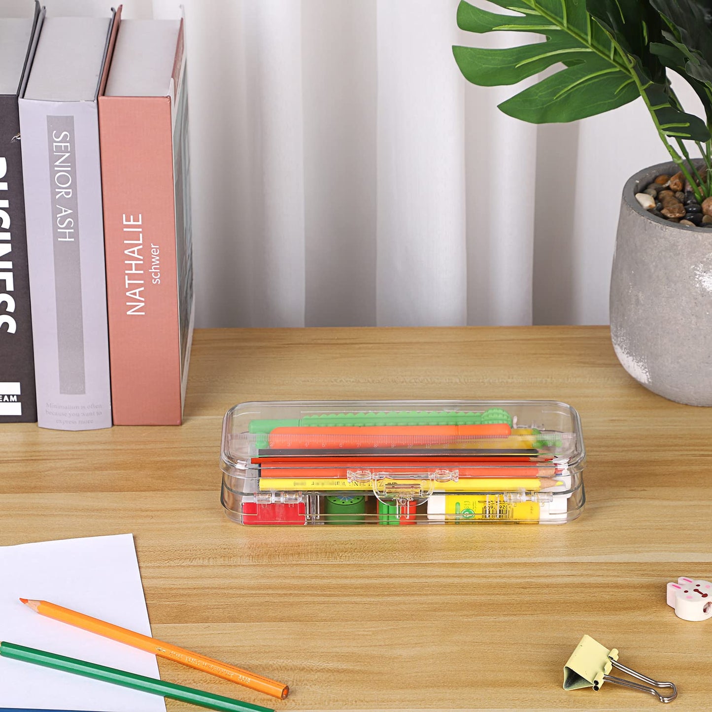 BTSKY Double Deck Pencils Box Clear Plastic Stationery Box with 4 Removable Ruler Dividing Spacers Multi-grid Home Utility Boxes with 6 Compartments for Pencils Erasers Clips (Clear)