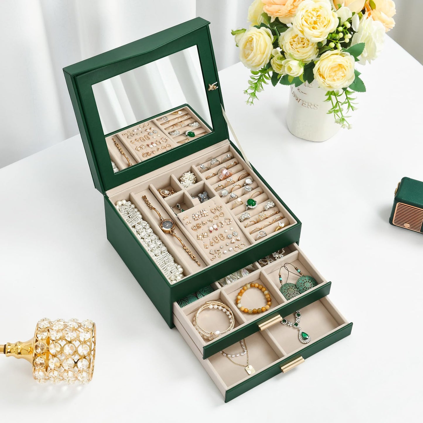 Amearea Jewelry Box Organizer for Women Girls with Mirror, 3-Layer Large Jewelry Storage Case, Synthetic Leather Jewelry Holder Organizer with Removable Tray for Necklaces Earrings Rings, Green