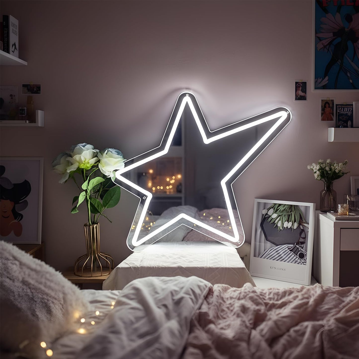 Bucherry Star Neon Mirror Sign, Star Room Mirror, USB LED Light, White, 12"x15", Decorative Wall Decor, Ideal for Bedroom, Party, Studio, Store, Gift