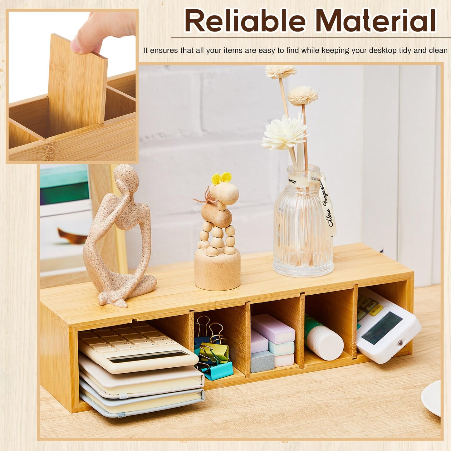 Jetec Wooden Pencil Pen Holder for Desk 6 Compartments Wood Office Desk Organizers for Countertop Adjustable Makeup Brush Organizer Silverware Caddy for Party, Home, Art Supplies(Bamboo)